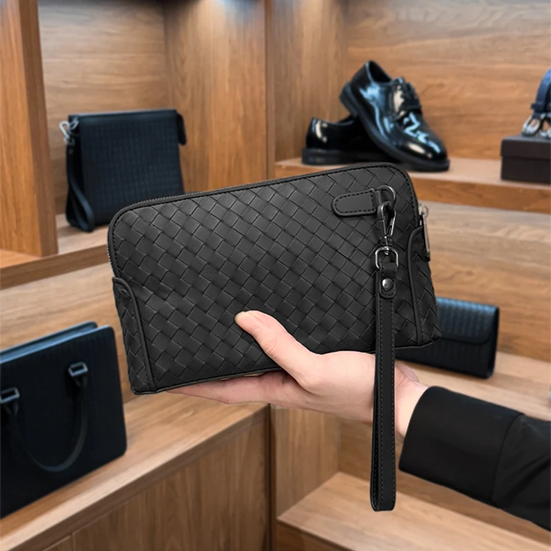 BV头层胎牛皮纯手工编织手拿包双拉链真皮休闲百搭时尚男士手提包