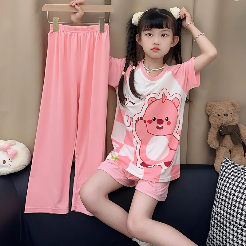 莫代尔儿童睡衣女童短袖三件套夏季卡通可爱宝宝中大童女孩家居服