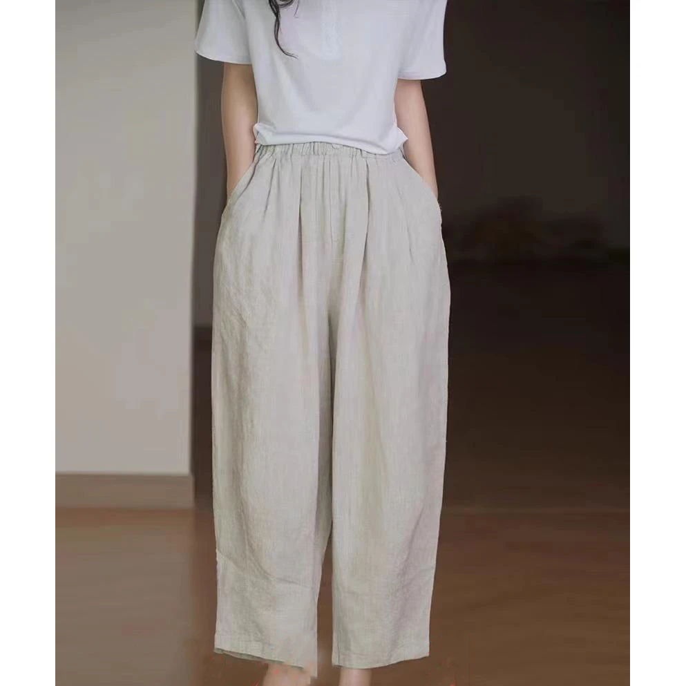 门店46&9！忝然造物！呼吸感亚麻/舒适透气高腰垂感休闲裤女D40035