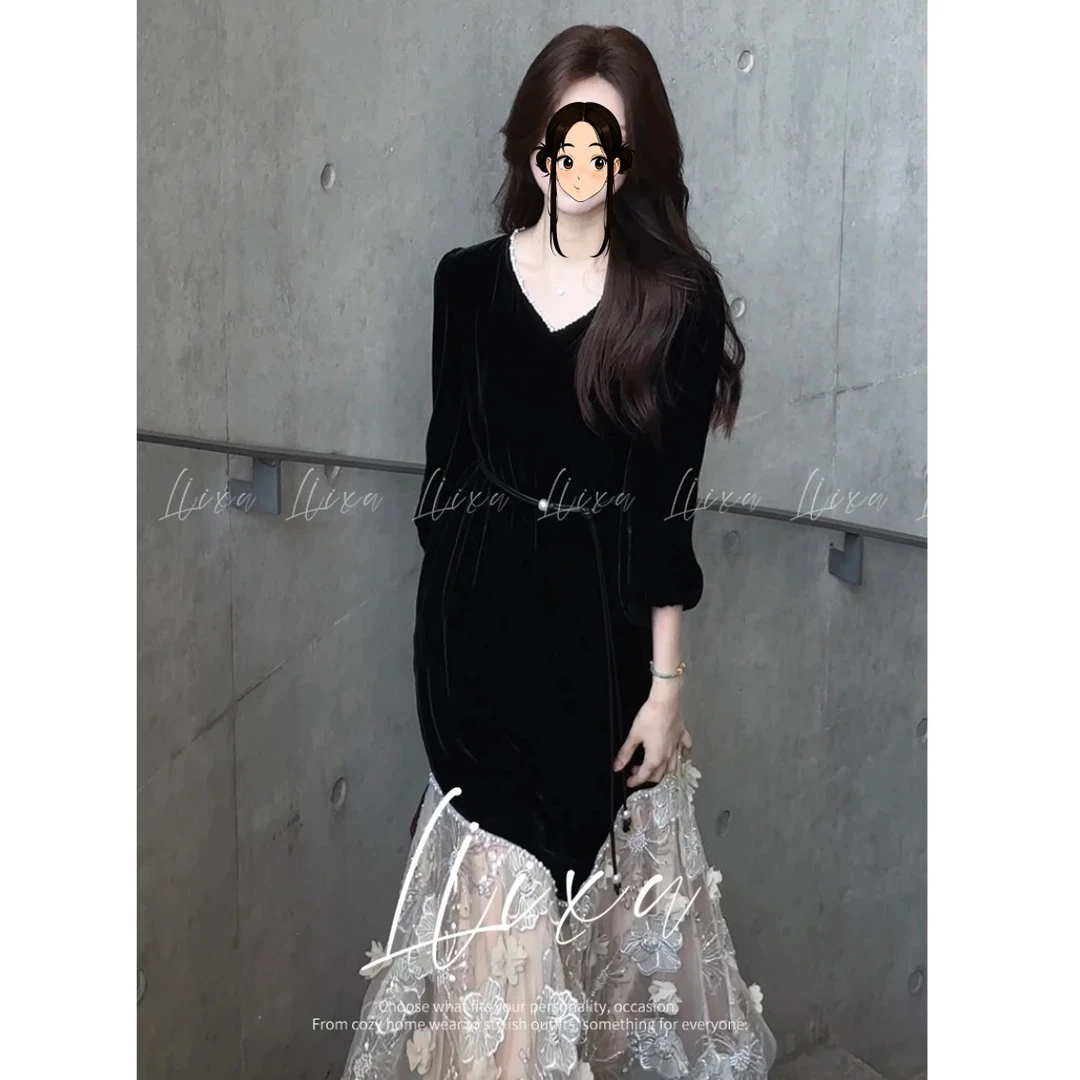 法式长袖连衣裙女2025新款高级感气质拼接网纱长裙子配腰带