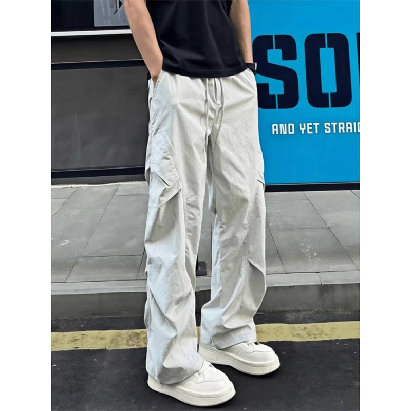 美式冰丝速干裤男夏季薄款褶皱伞兵工装裤青少年宽松休闲运动裤子