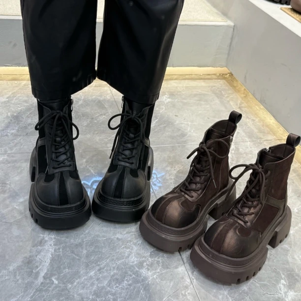 广州欧货【高智风】秋冬7cm真皮韩版中筒英伦圆头轻奢加绒马丁靴