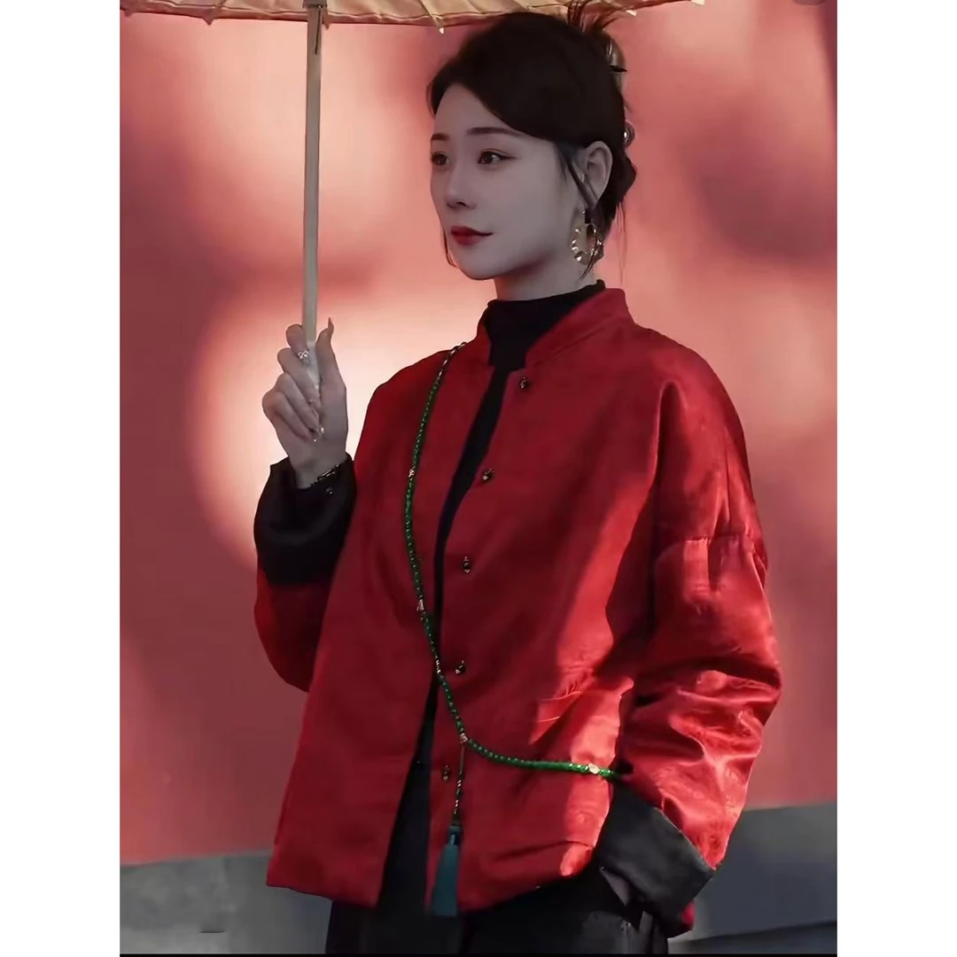 2025新款冬季新中式国风双面双穿立领提花上衣复古老钱风加棉外套