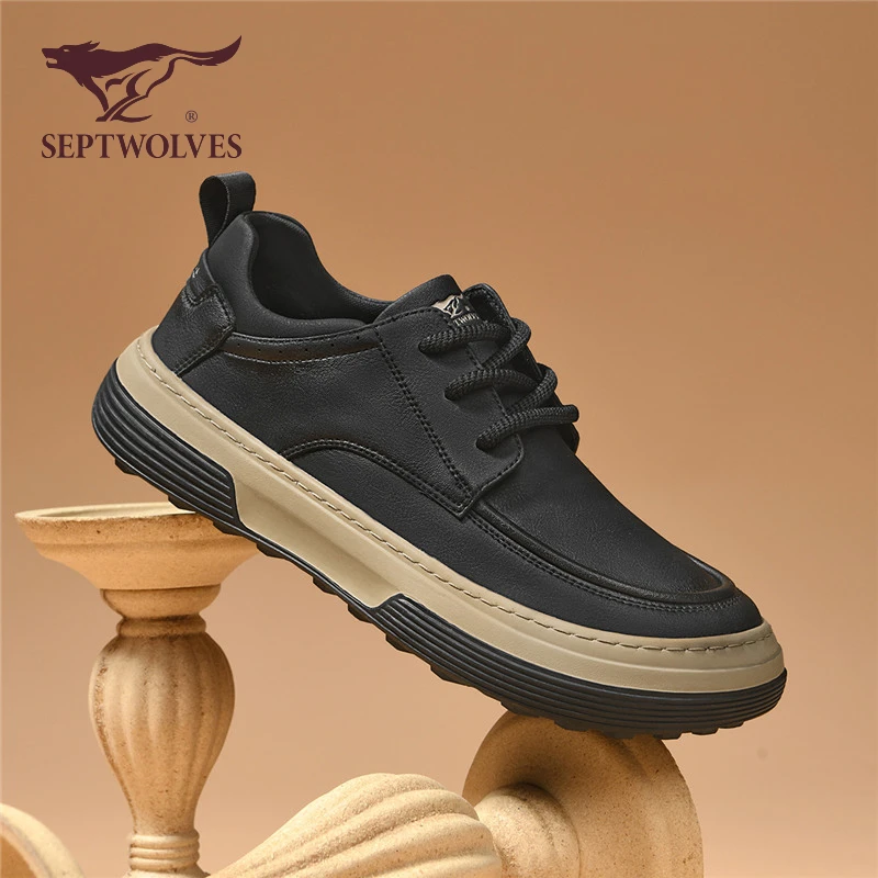 七匹狼男鞋秋季2025新款休闲舒适潮流工装板鞋男增高百搭黑色皮鞋