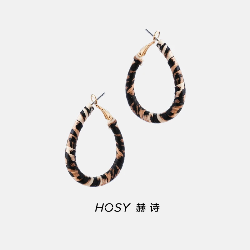 铜合金皮质耳饰 豹纹大圆圈耳环 ins欧美复古个性百搭耳饰