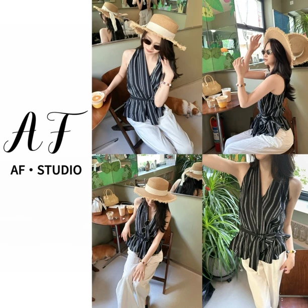 AF&安琪同款竖条无袖上衣轻奢风修身显瘦气质露肩设计洋气夏季