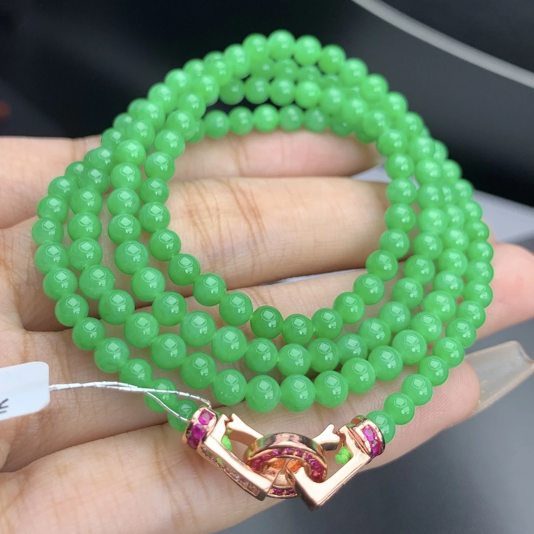 缅甸A货翡翠正阳绿色项链珠链圆珠多圈长串T卡4mm620mm