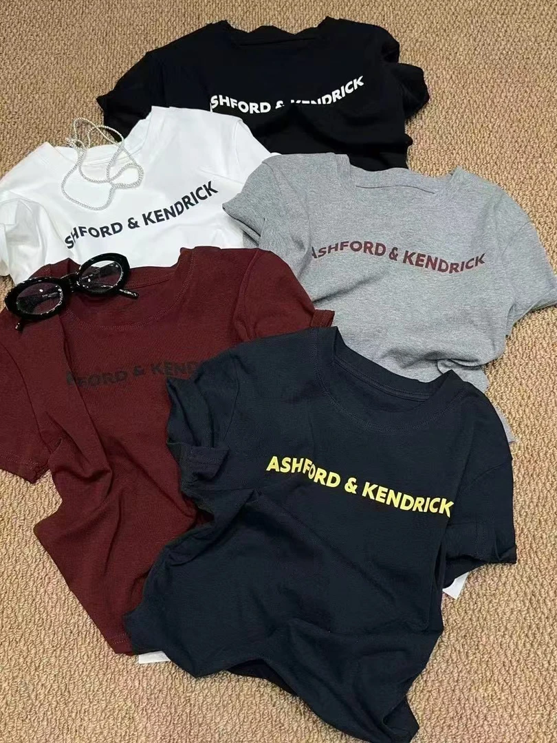 微弹短款休闲风T恤套装字母修身短袖网红圆领纯色