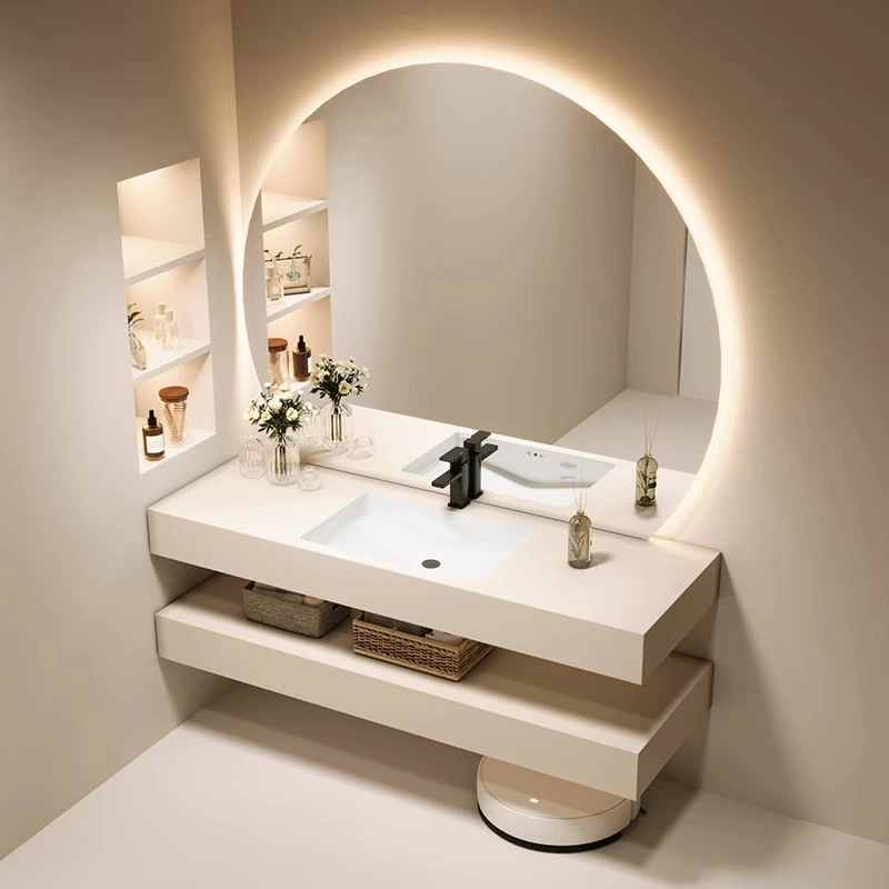 【纯白双层岩板陶瓷无缝】酒店风轻奢酒店风岩板一体盆浴室柜组合