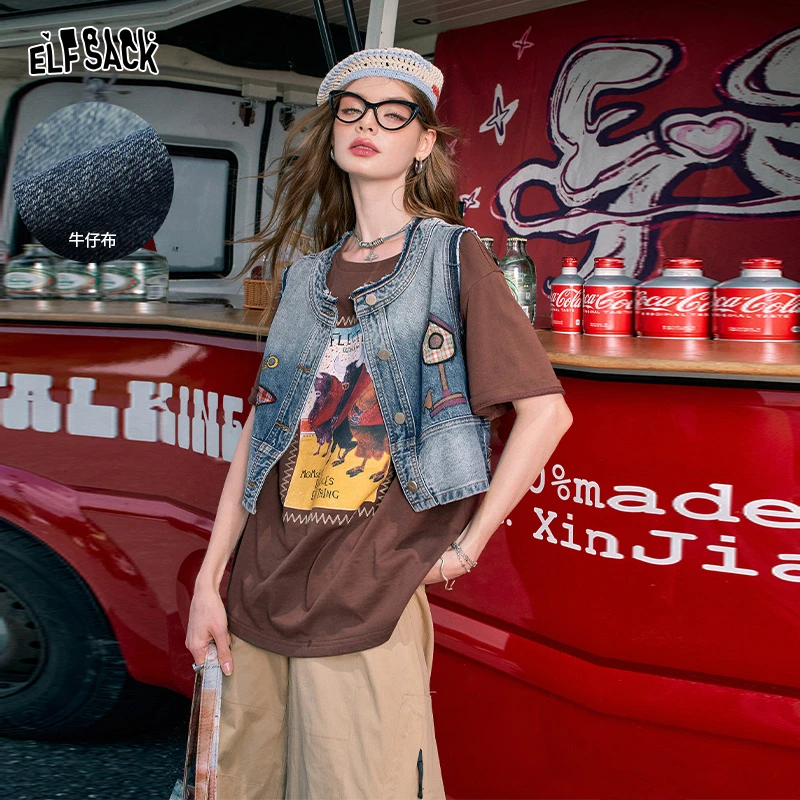 妖精的口袋流浪者大街刺绣牛仔背心马甲2024秋休闲百搭24238010
