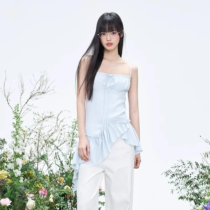 ELEVEN SLEEP夏季法式通勤不规则吊带连衣裙蓝色高级感小众裙子女