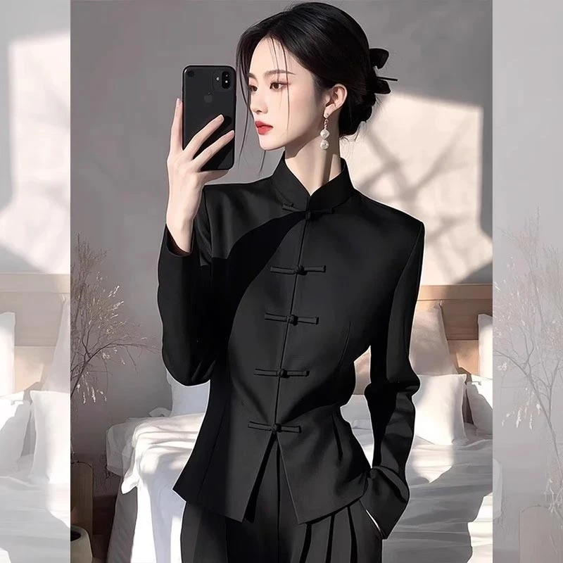新中式国风盘扣衬衫黑色长裤两件套女2025春季新款高级感气质套装
