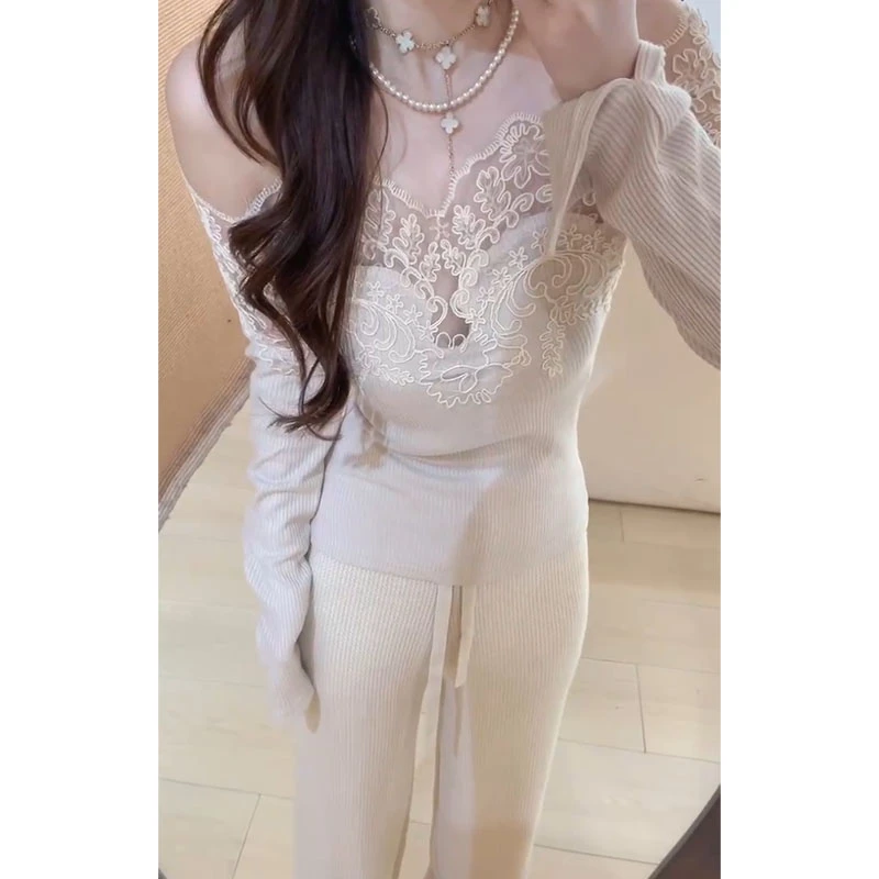 韩系设计感小众时尚洋气休闲百搭蕾丝长袖上衣高腰垂感直筒裤套装