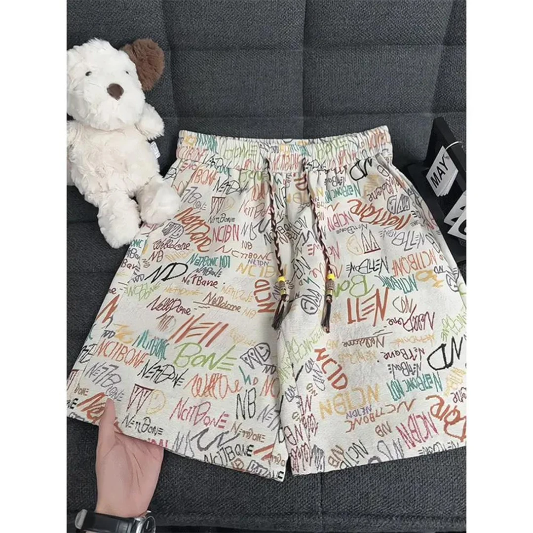 美式复古针织涂鸦短裤男款夏季国潮高街vibe裤子宽松直筒五分马裤