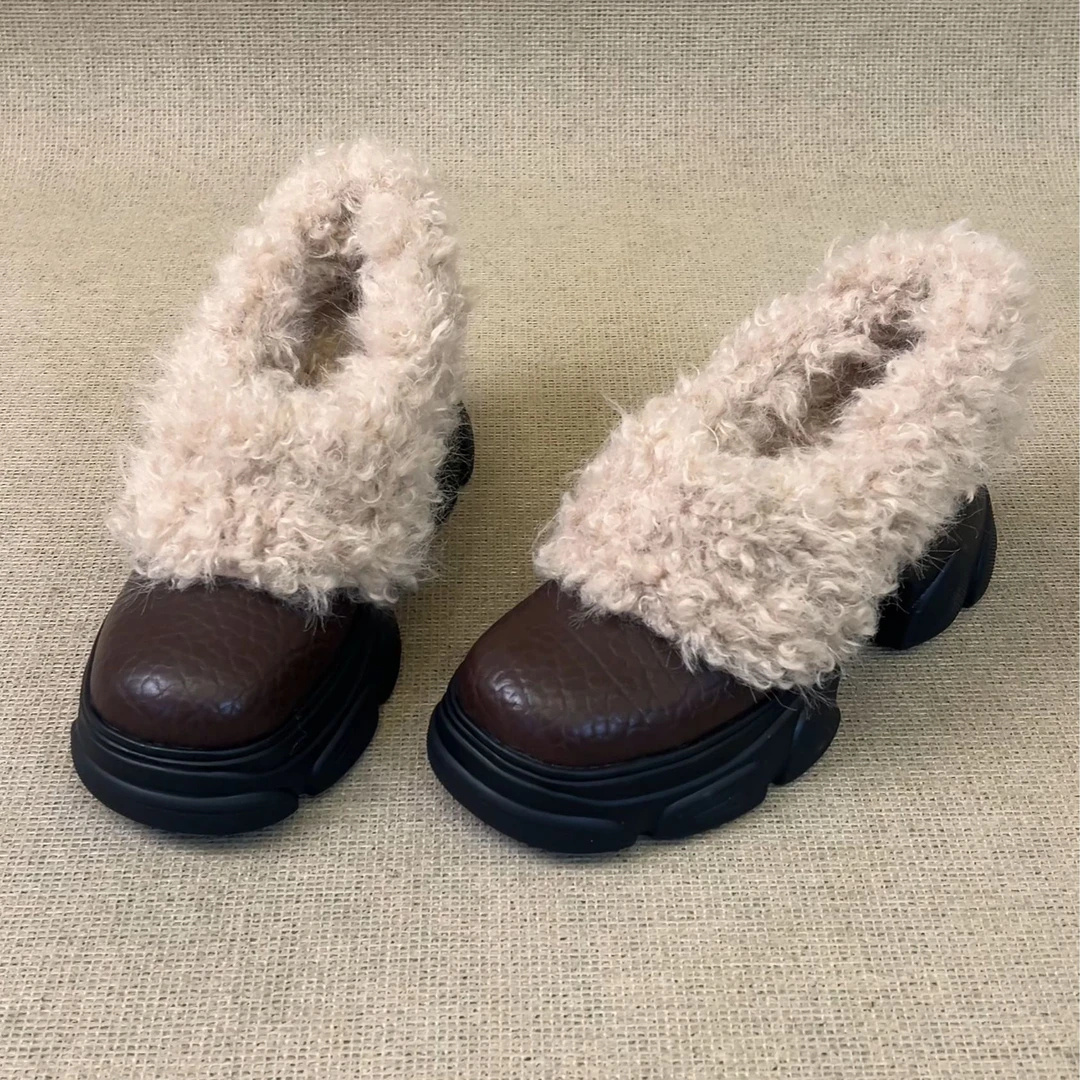 RubyL/6.5cm休闲通勤设计感荔枝纹百搭圆头运动风厚底毛毛鞋女款