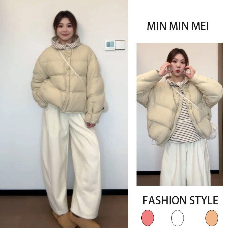 韩系冬装时尚减龄百搭圆领设计感保暖外套上衣加绒阔腿裤两件套装