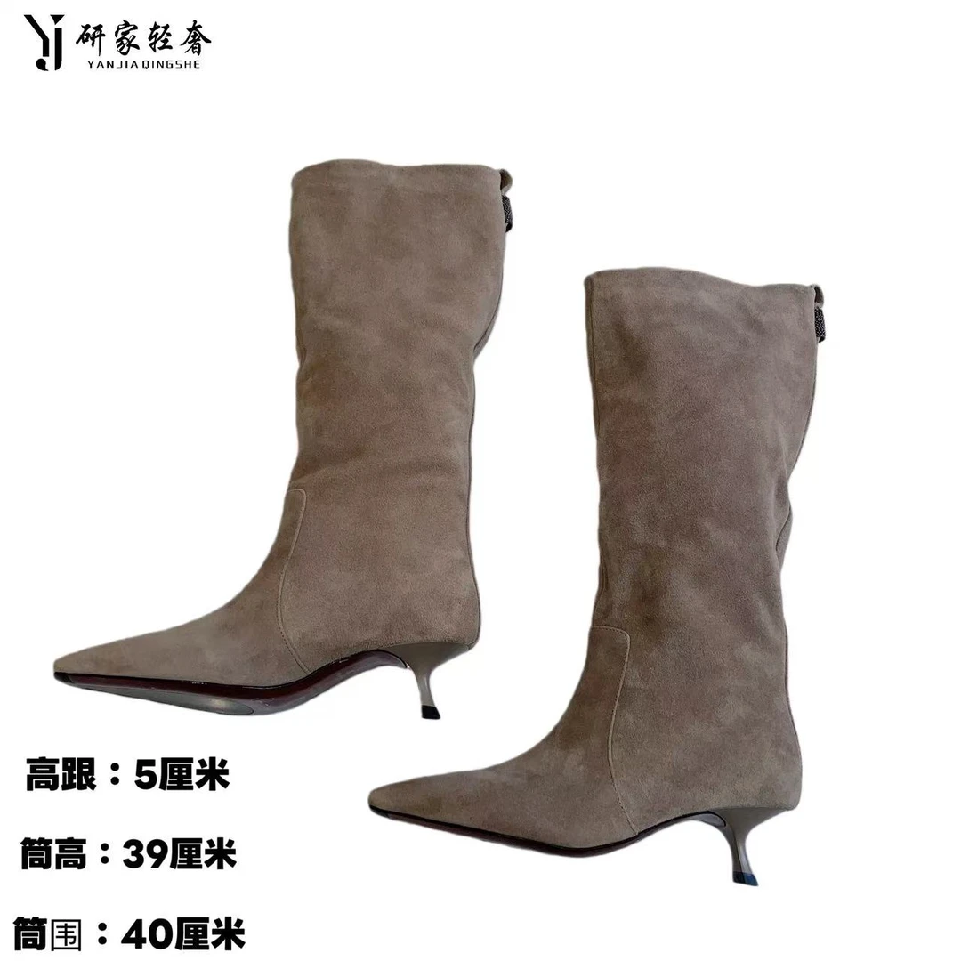 6243研家轻奢法式复古尖头细跟高跟长筒靴加绒（高跟5厘米）