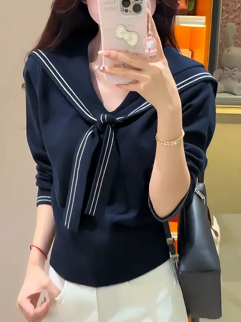 深圳南油白桃美美 海军领女学院风长袖针织衫减龄时尚A3205