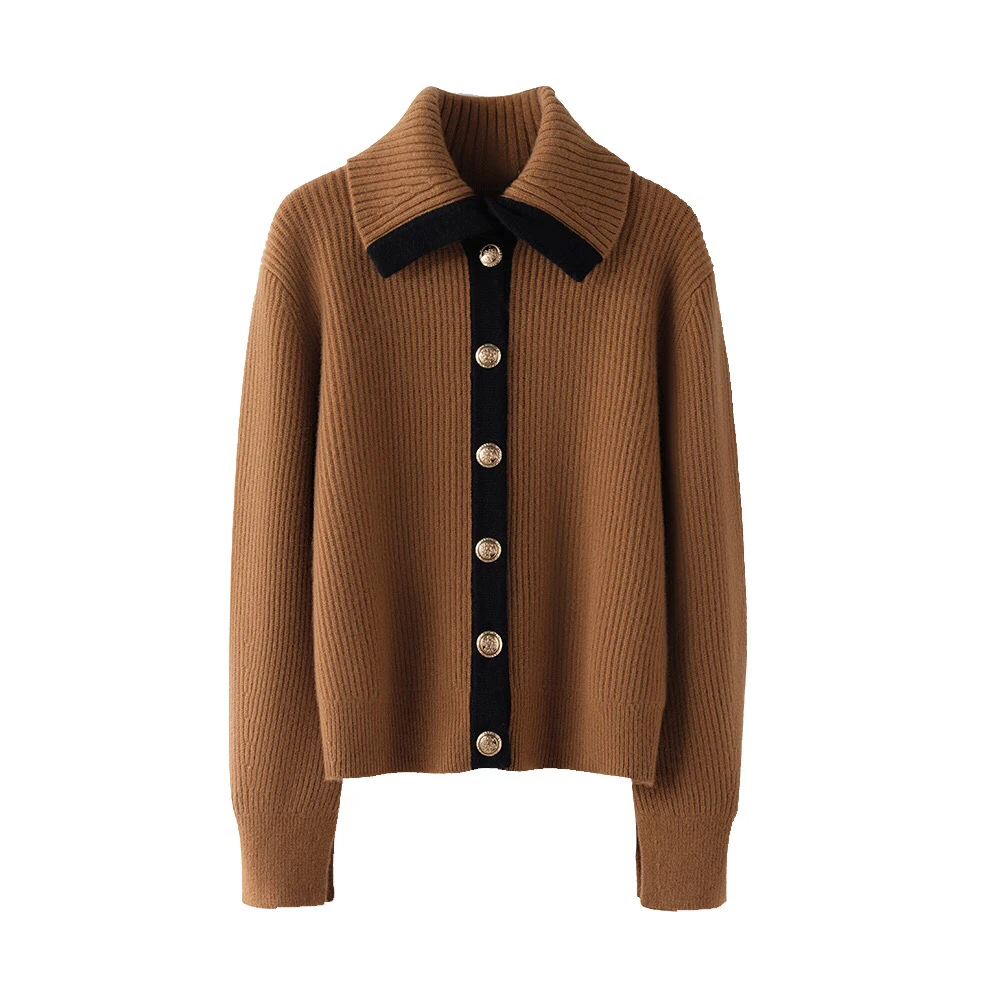 【战衣】100%纯山羊绒 高领黑条边排扣棕色衫气质短款针织加厚翻领