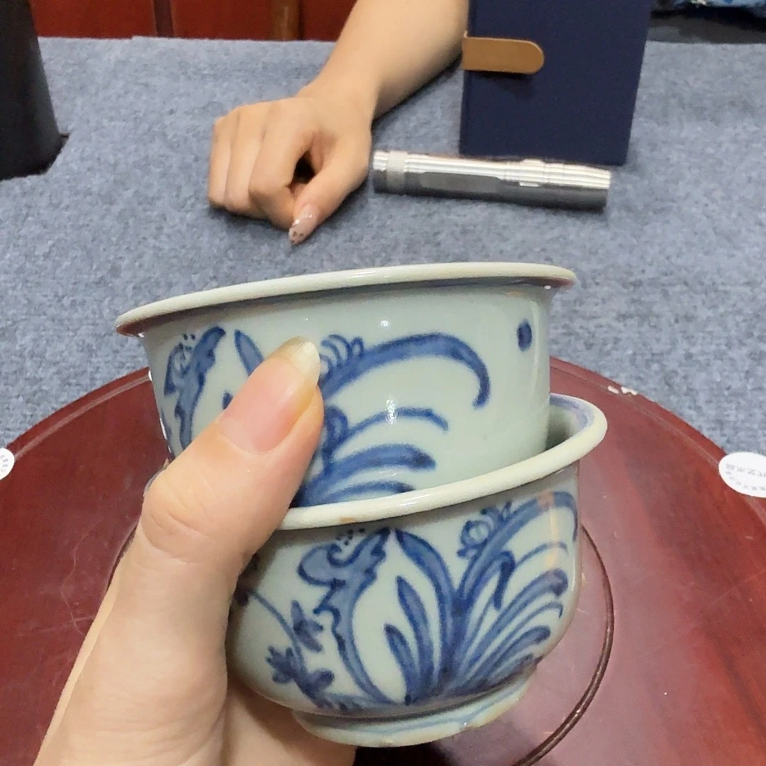 海***痛瓷片青花杯子一对完整完整