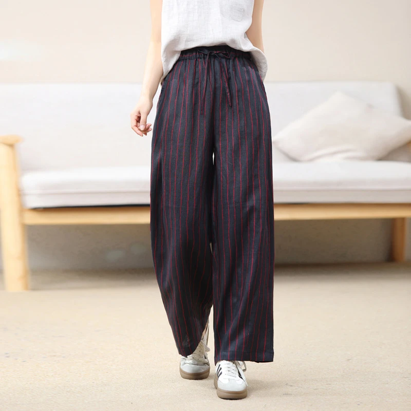 春夏秋三季款文艺复古休闲宽松松紧腰带抽绳条纹阔腿裤长裤22805
