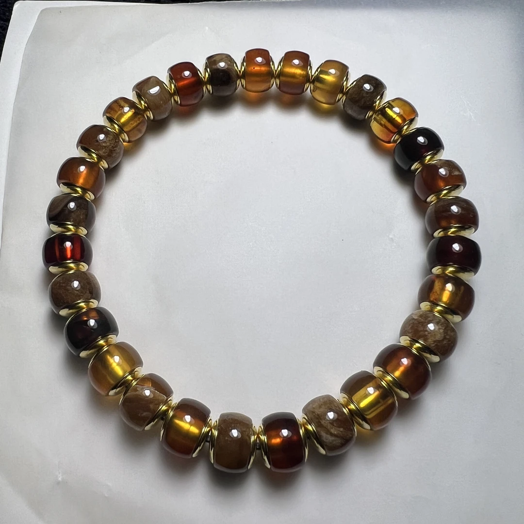 天然缅甸多宝琥珀老型金盾8x6.8手串925银镀金可拆卸