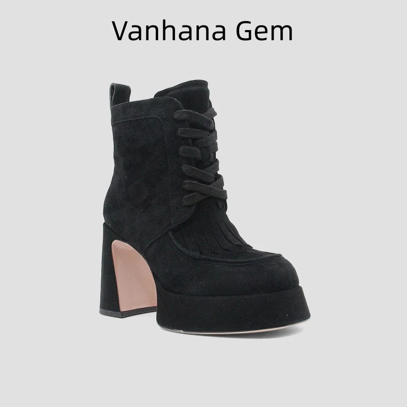 VANHANA GEM真皮牛反绒皮时装靴高跟防水台女靴英伦时尚粗跟靴