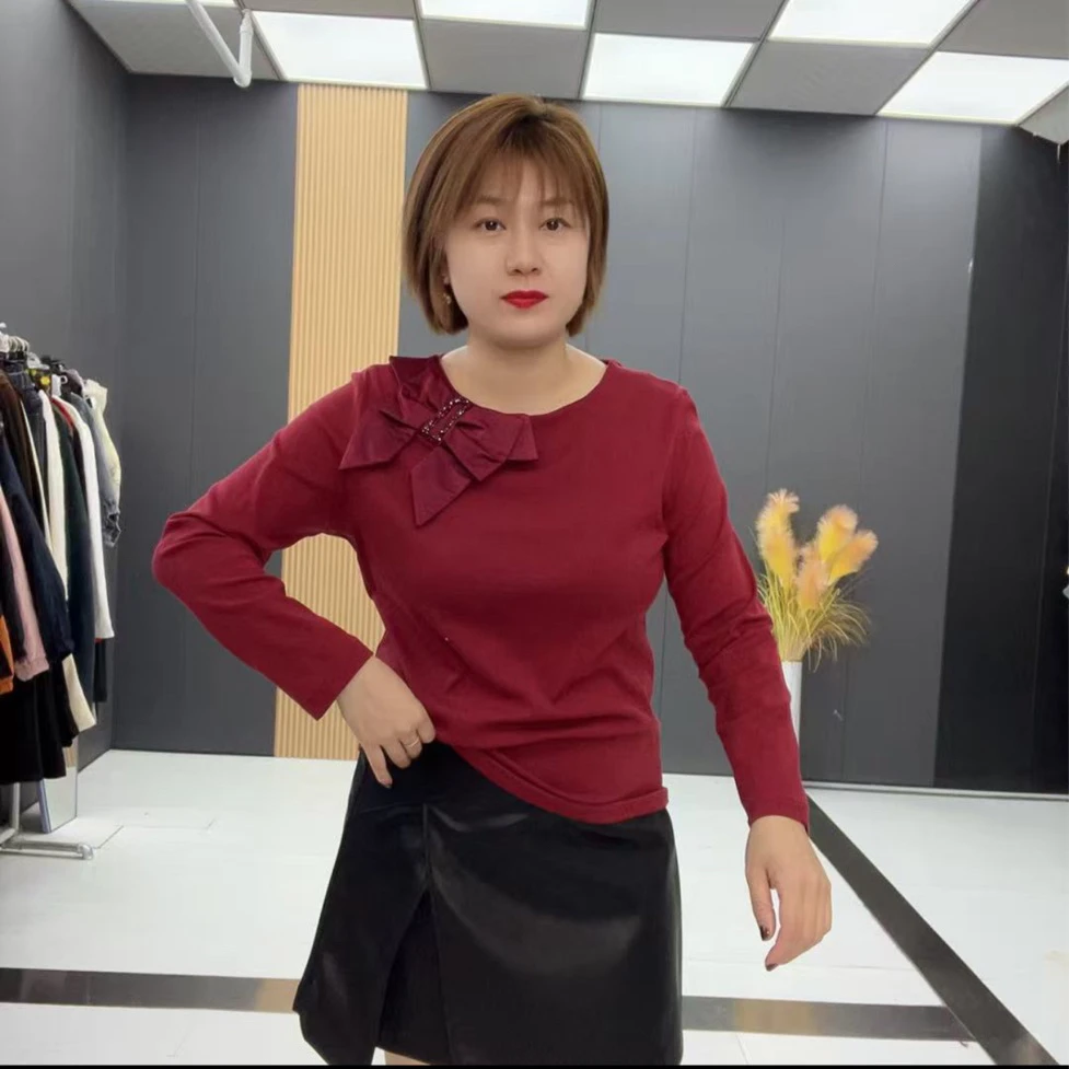 秋新款圆领长袖显瘦气质蝴蝶结设计感百搭减龄上衣小衫网红-2910