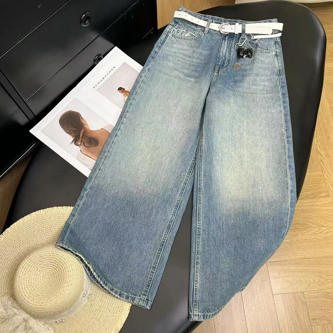 法式复古简约气质百搭挂饰牛仔阔腿裤H7242