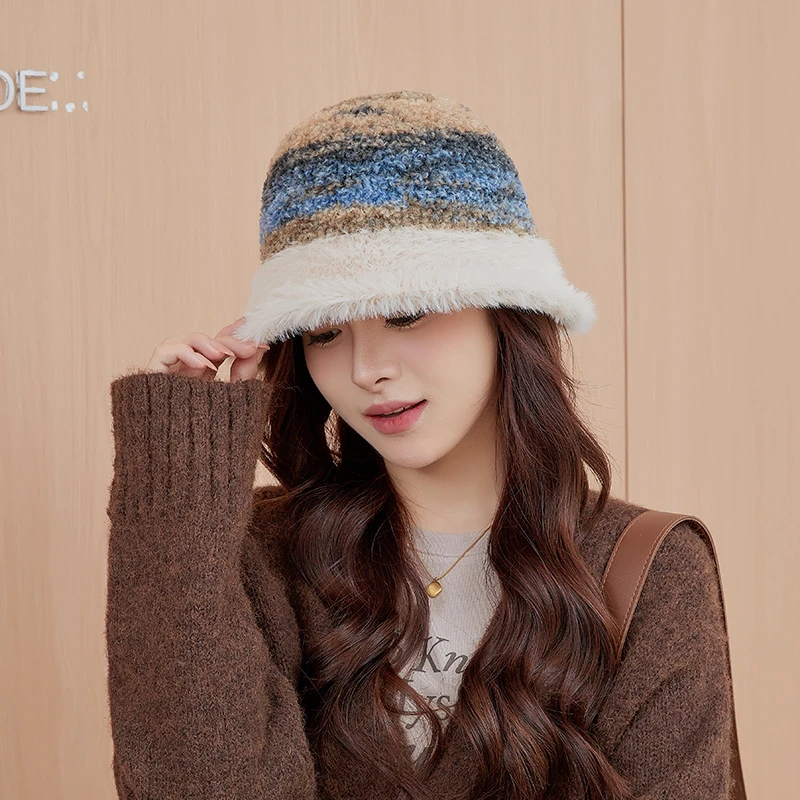 彩虹条纹帽子女韩版时尚加厚毛绒盆帽秋冬季户外显脸小水桶帽