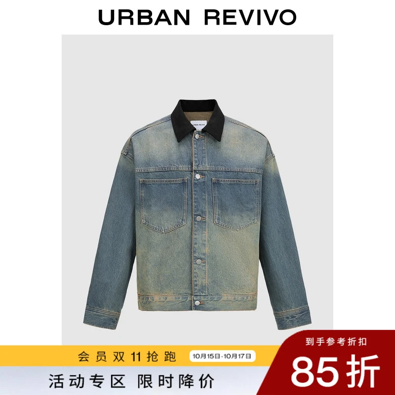 UR2025夏季新款男装复古水洗口袋撞色翻领牛仔外套UIV850008