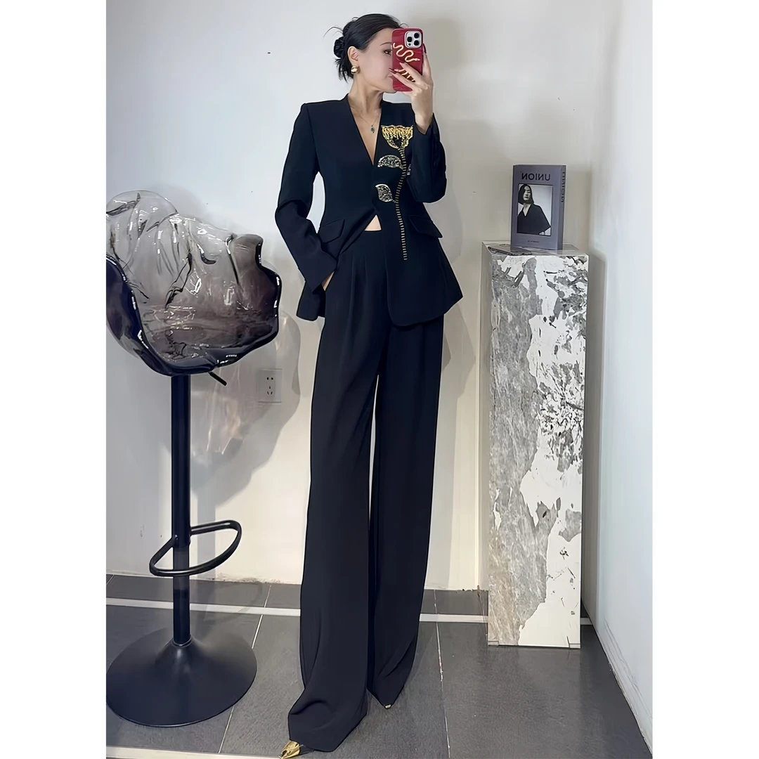 ZEROYK设计感时尚西装套装高端重工钉珠花朵西装阔腿裤通勤两件套