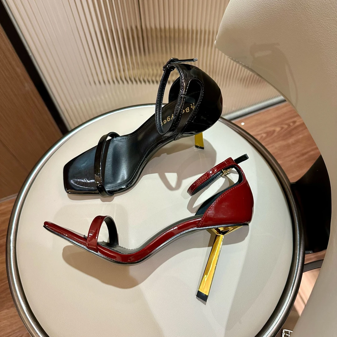 2025夏新款黑色方头细跟漆皮后空高跟鞋细跟金条跟时尚浅口女凉鞋