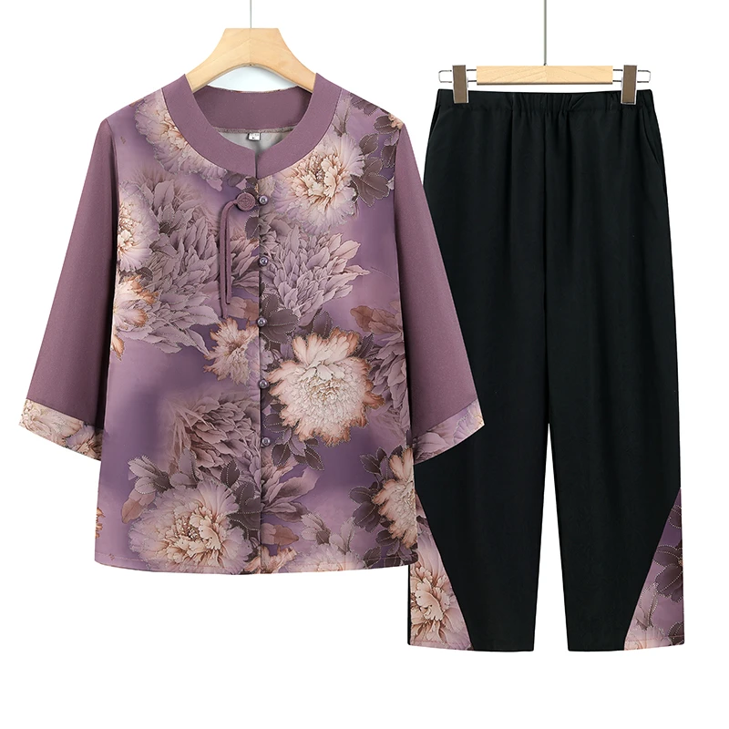 奶奶衬衫中老年套装女妈妈衬衣老太太装碎花两件套洋气舒适妈妈装