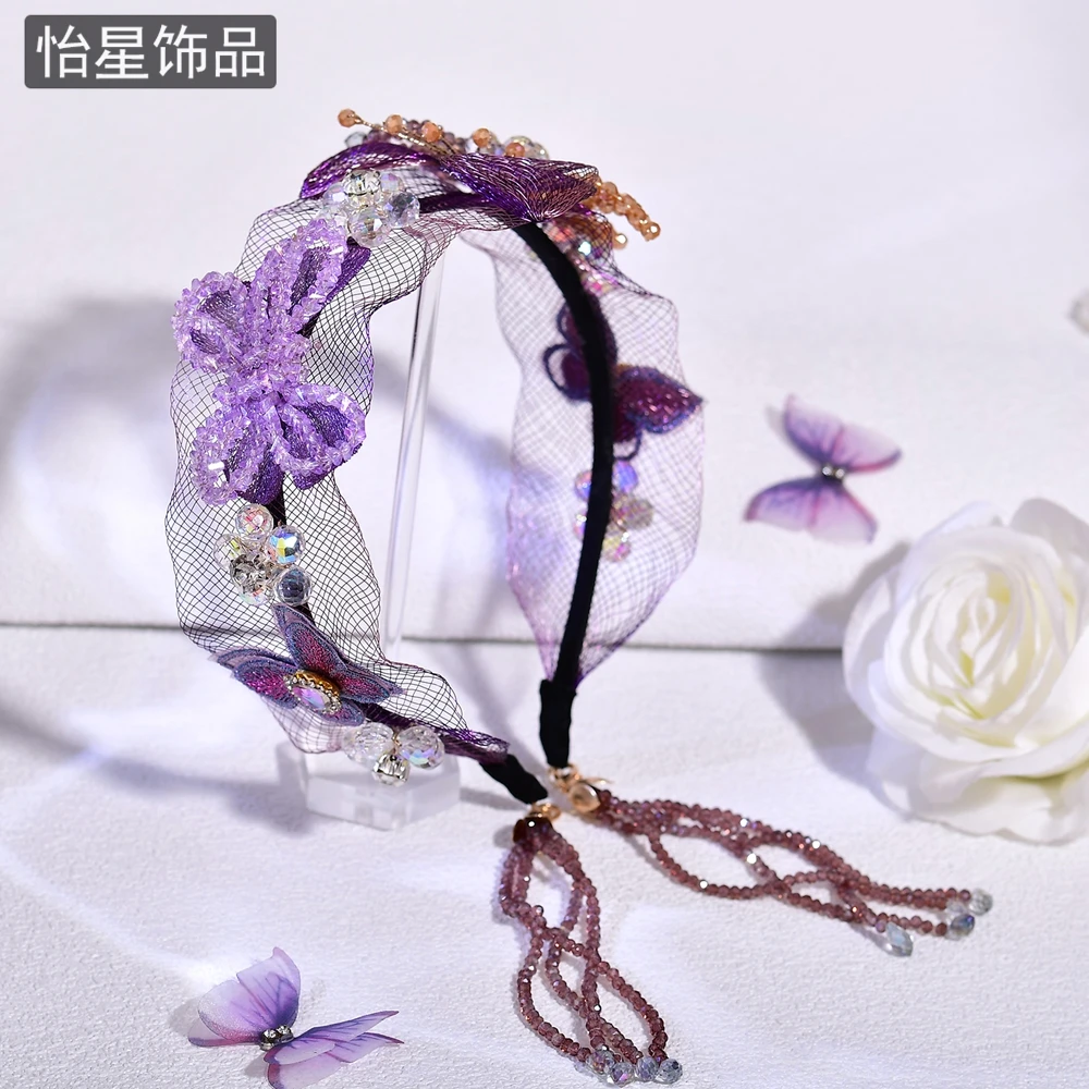 怡星手工编织网发饰古风民族风精美甜美发箍水晶流苏头饰公主A336
