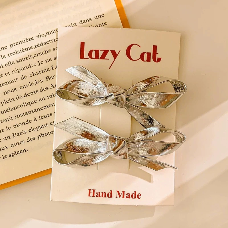 银色蝴蝶结韩系洋气儿童发夹皮质女童侧边高级刘海夹碎发夹子