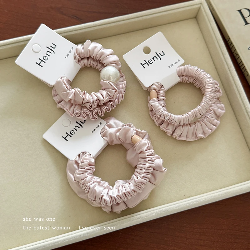 一对装~粉色褶皱圆珠发圈超柔软不伤发头绳头饰扎马尾发绳橡皮筋