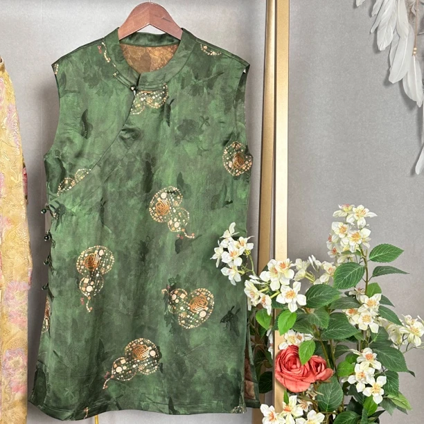 【墨绿-福禄】春夏国风奥黛无袖上衣显瘦T恤 新中式提花盘扣马甲