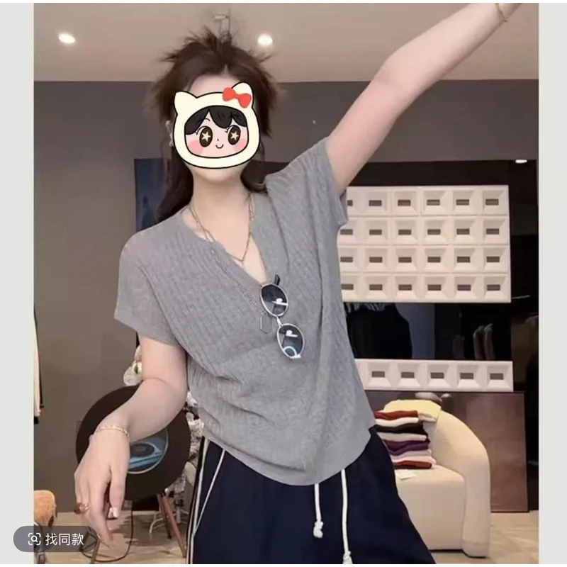 韩系v领短袖针织衫女2025年夏季新款慵懒风时尚纯色透气显瘦上衣