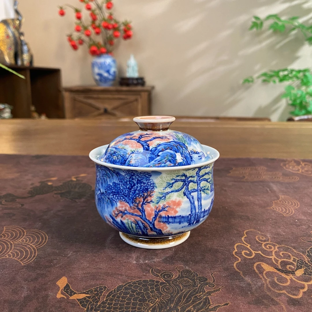 【惜之悟造】玄泽釉下五彩山水福袋盖碗手工手绘景德镇茶具