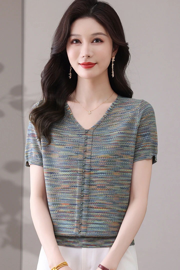 【天丝】夏季新款V领女士短袖T恤洋气宽松彩纱时尚针织薄款妈妈装