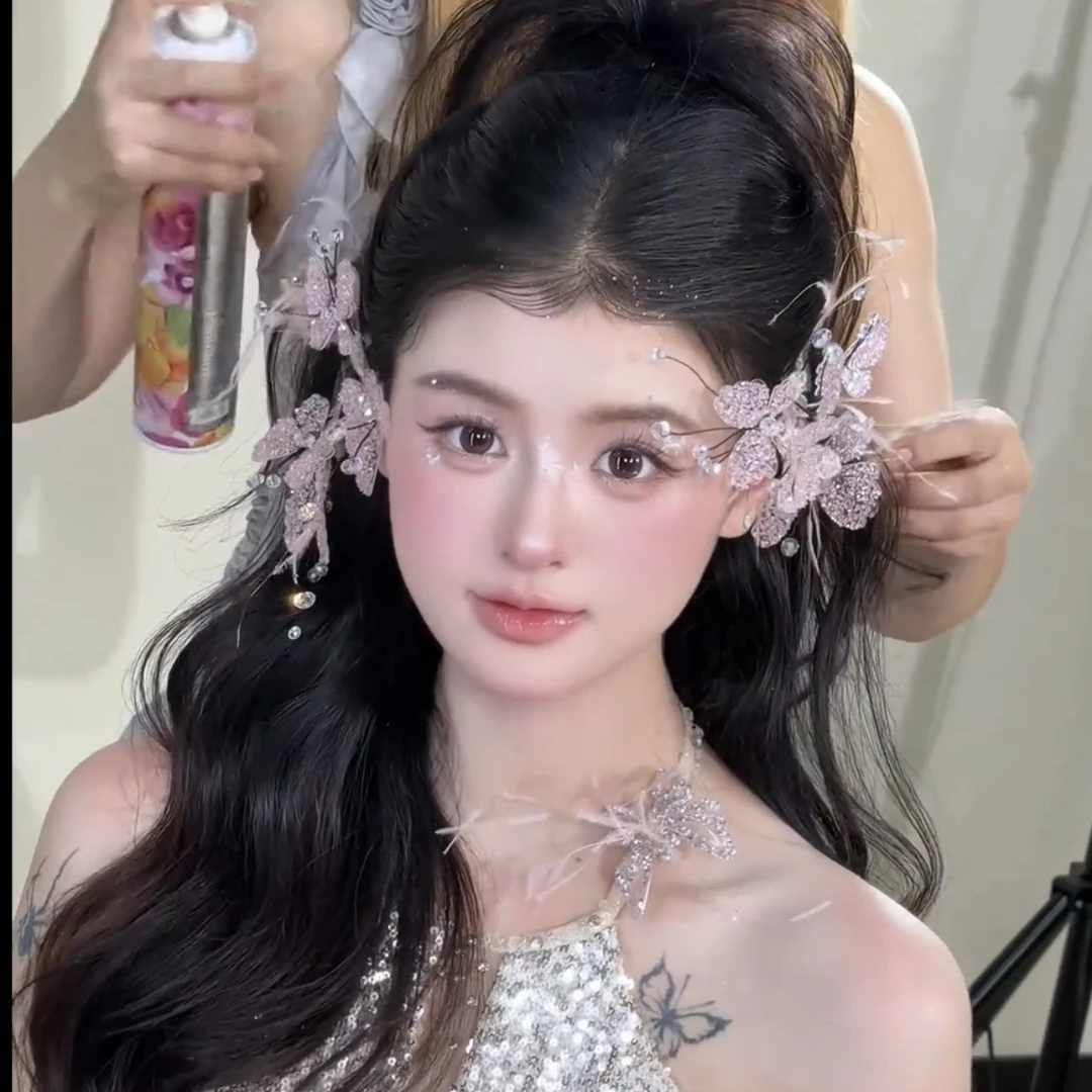 7997边夹头饰超仙粉色系羽毛百搭饰品