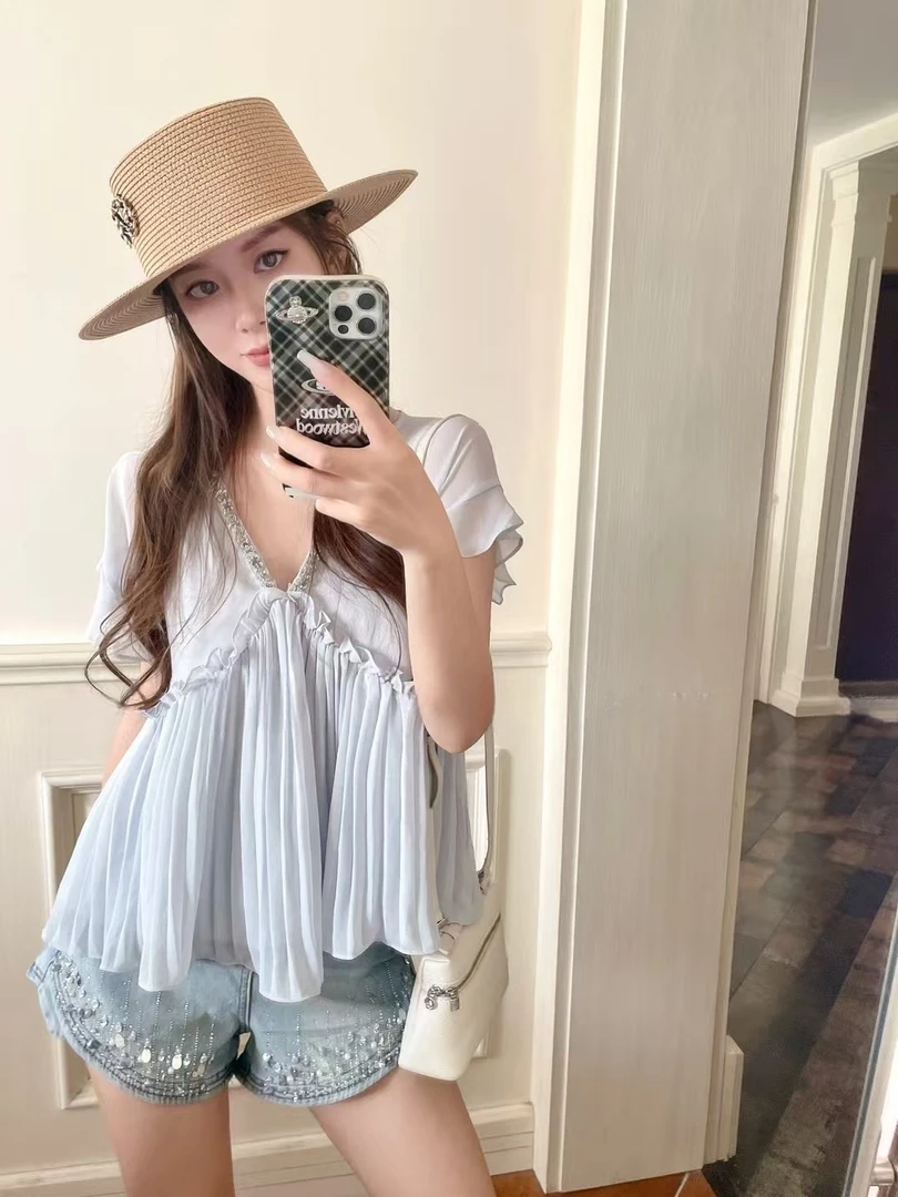 法式V领压褶设计感短款温柔风雪纺衬衫小衫