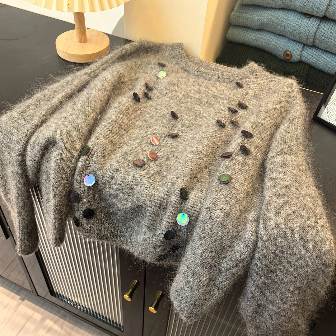 高级灰彩片圆领韩系慵懒彩色亮片针织套头毛衣女