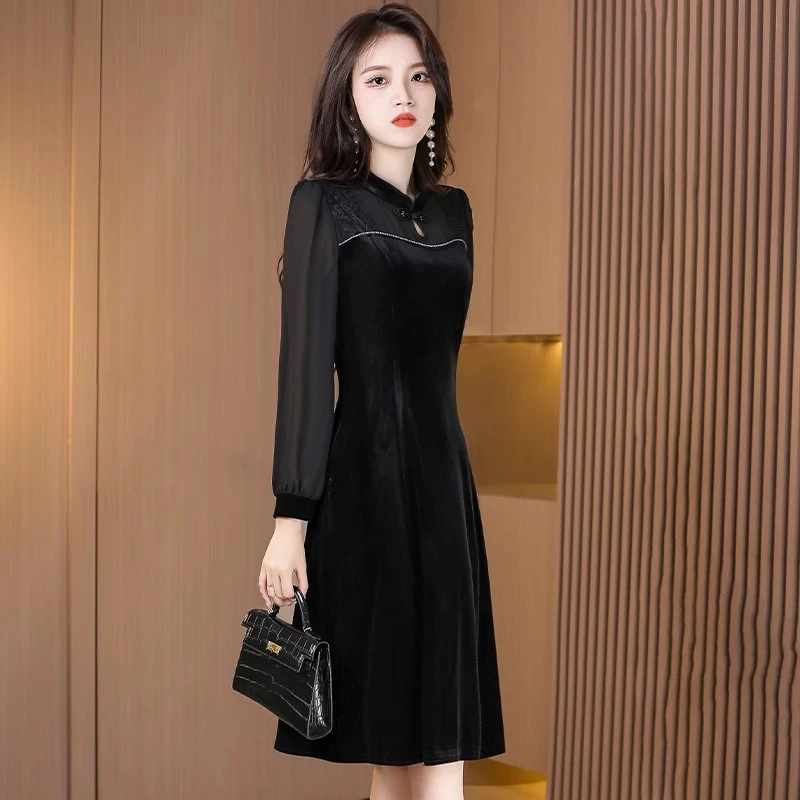 金丝绒连衣裙女春装2025年新款长袖小个子高端洋气中国风旗袍裙子