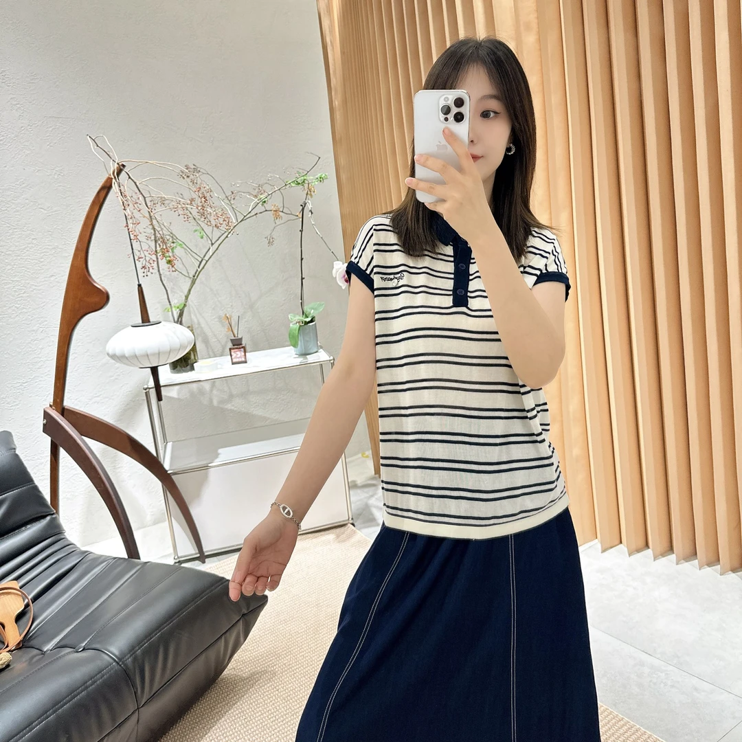 【褚培培自制】“蓝白的海”-薄薄薄-半夏条纹撞色时尚polo气质衫女