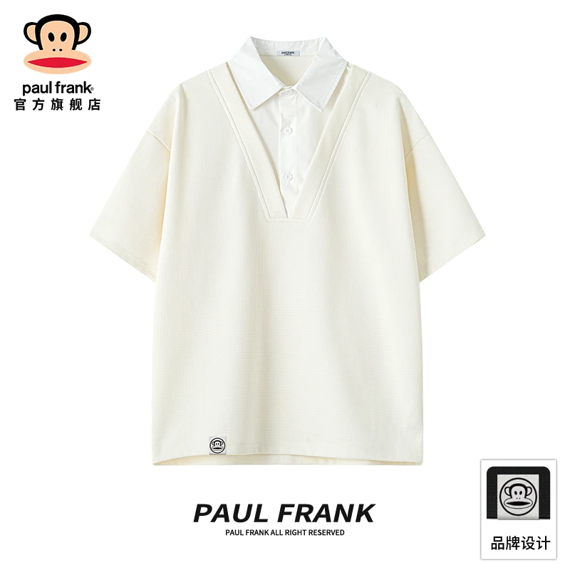 paul frank/大嘴猴新款假两件Polo衫男夏季高级感宽松拼接短袖t恤