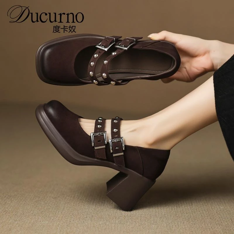 DUCURNO羊皮复古小个子高跟鞋女双排扣浅口玛丽珍单鞋厚底小皮鞋