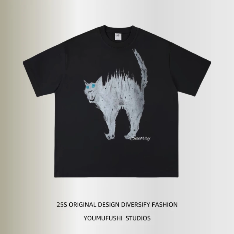 美式复古街头猫咪短袖t恤男女小众设计宽松百搭情侣上衣