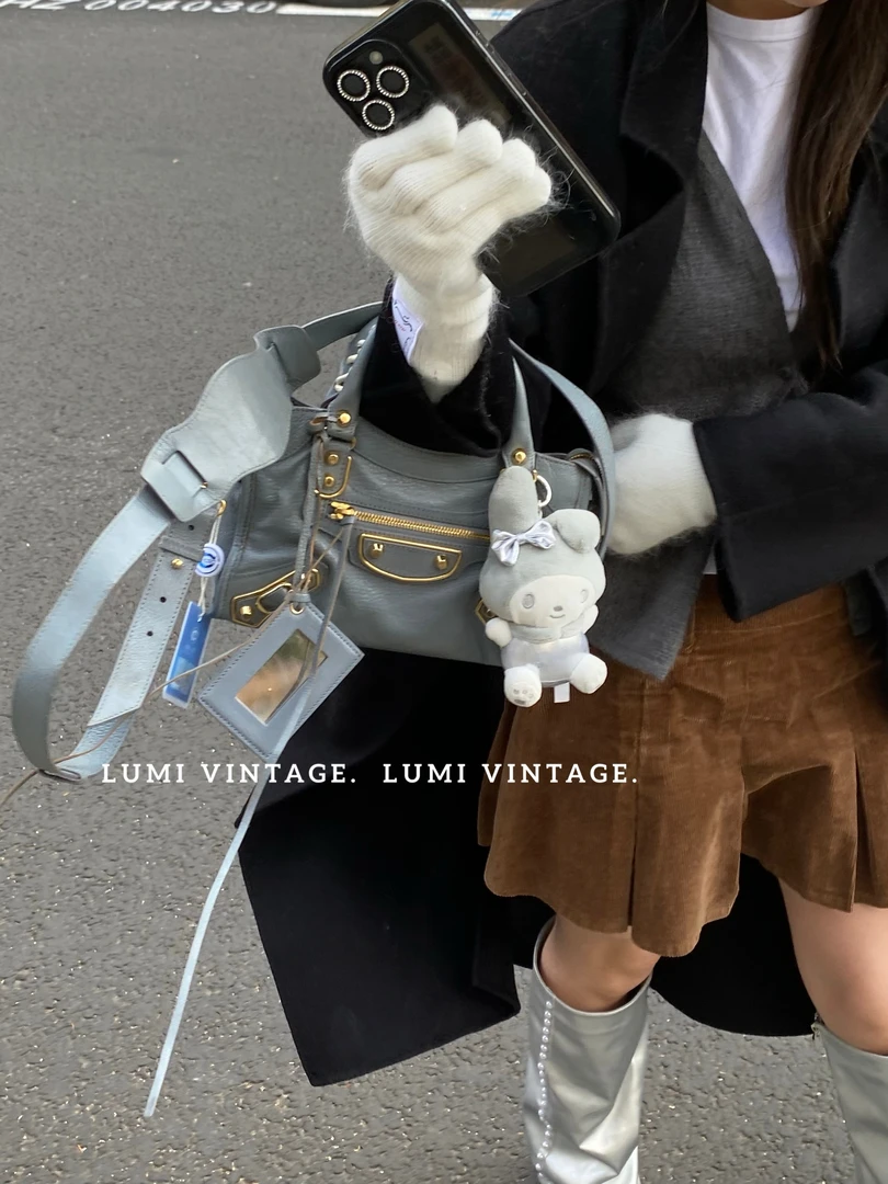 95新 Balenciaga/巴黎世家 灰蓝色金扣mini机车单肩包32004454